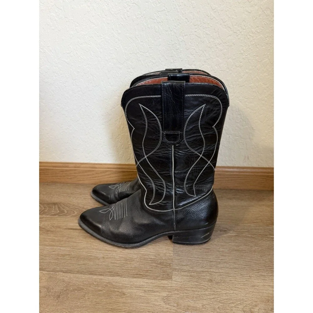 Men’s Black Leather Cowboy Boots Almond Toe Western Embroidered Boots -No Size